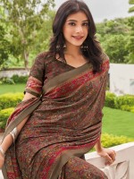 Chocolate Brown Crepe Silk Digital Print Saree